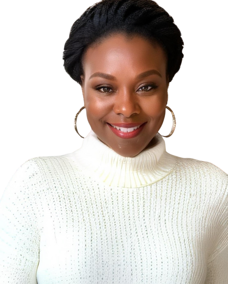 A person in a white turtle neck sweater